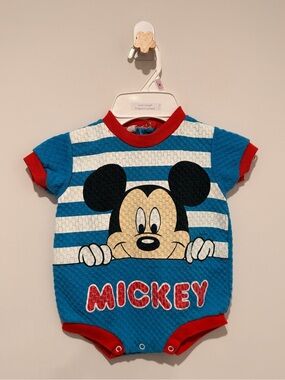 Vintage 9s Disney - Blue & White Striped Mickey One-Piece with Red Trim